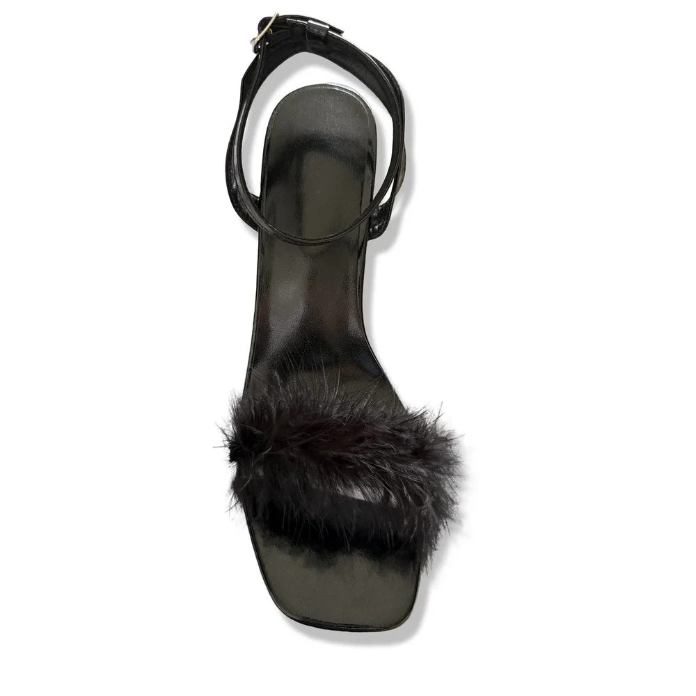 Black Feather Ankle Strap Sandals Cut Out Block Heel Square Toe Sz 11.5 EUR 44
